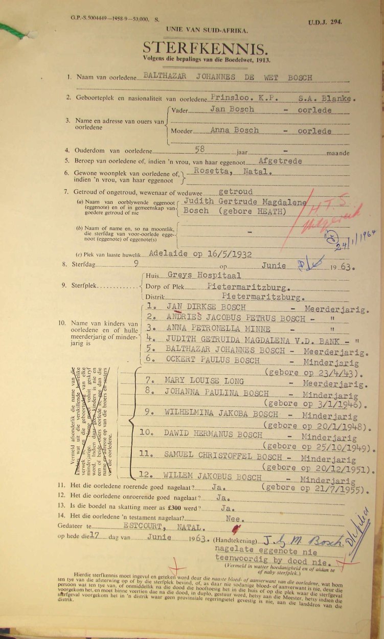 BOSCH Balthazar Johannes De Wet died 9 June 1963