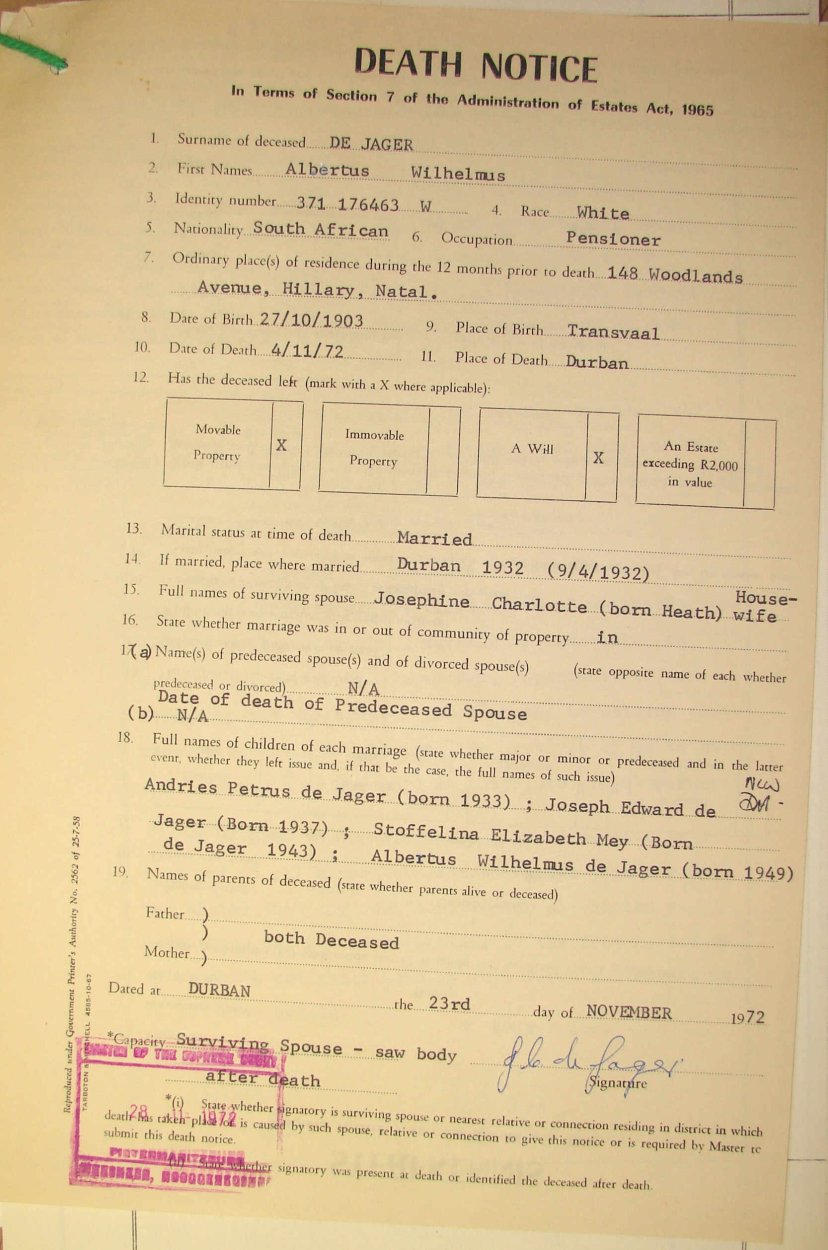 JAGER Albertus Wilhelmus DE died 4 November 1972