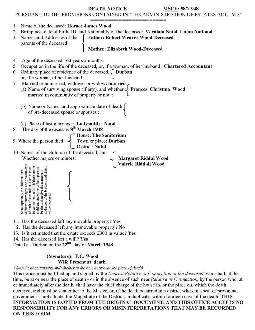 WOOD Horace James died 8 March 1948