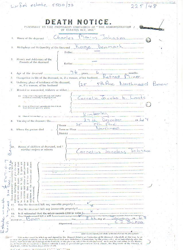 JOHNSEN Charles Marius - died 27 Dec 1947