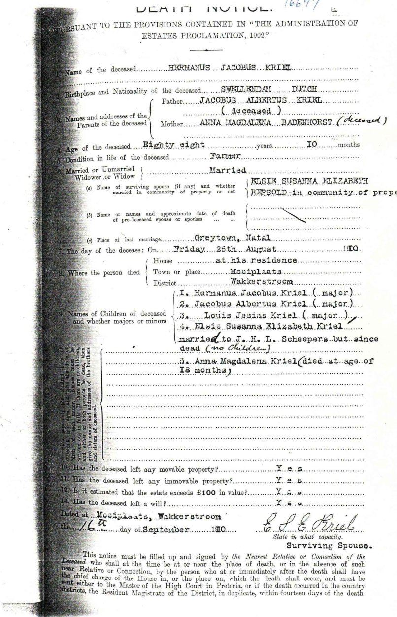 KRIEL Hermanus Jacobus - died 26 Aug 1910