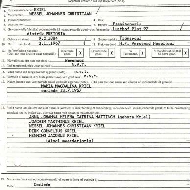 KRIEL Wessel Johannes Christiaan - died 3 Nov 1967