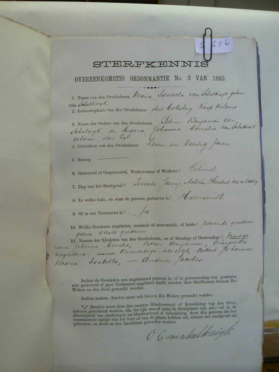 SCHALKWYK Maria Isabella VAN nooiensvan VAN SCHALKWYK died 2 June 1880