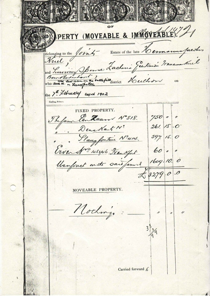 KRIEL Hermanus Jacobus - Property  Inventory dated Apr 1905