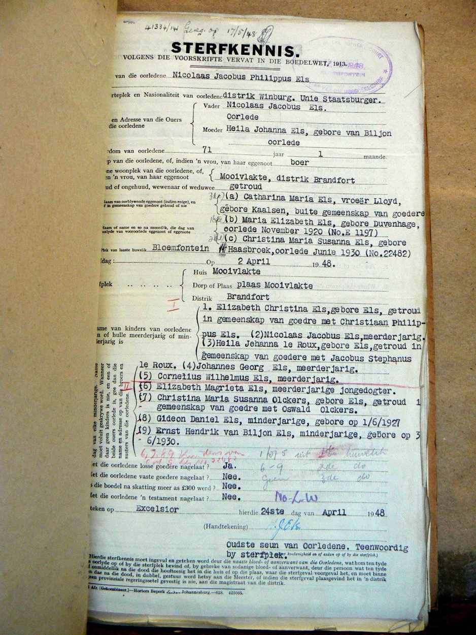 ELS Nicolaas Jacobus Philippus - oorlede 2 Apr 1948