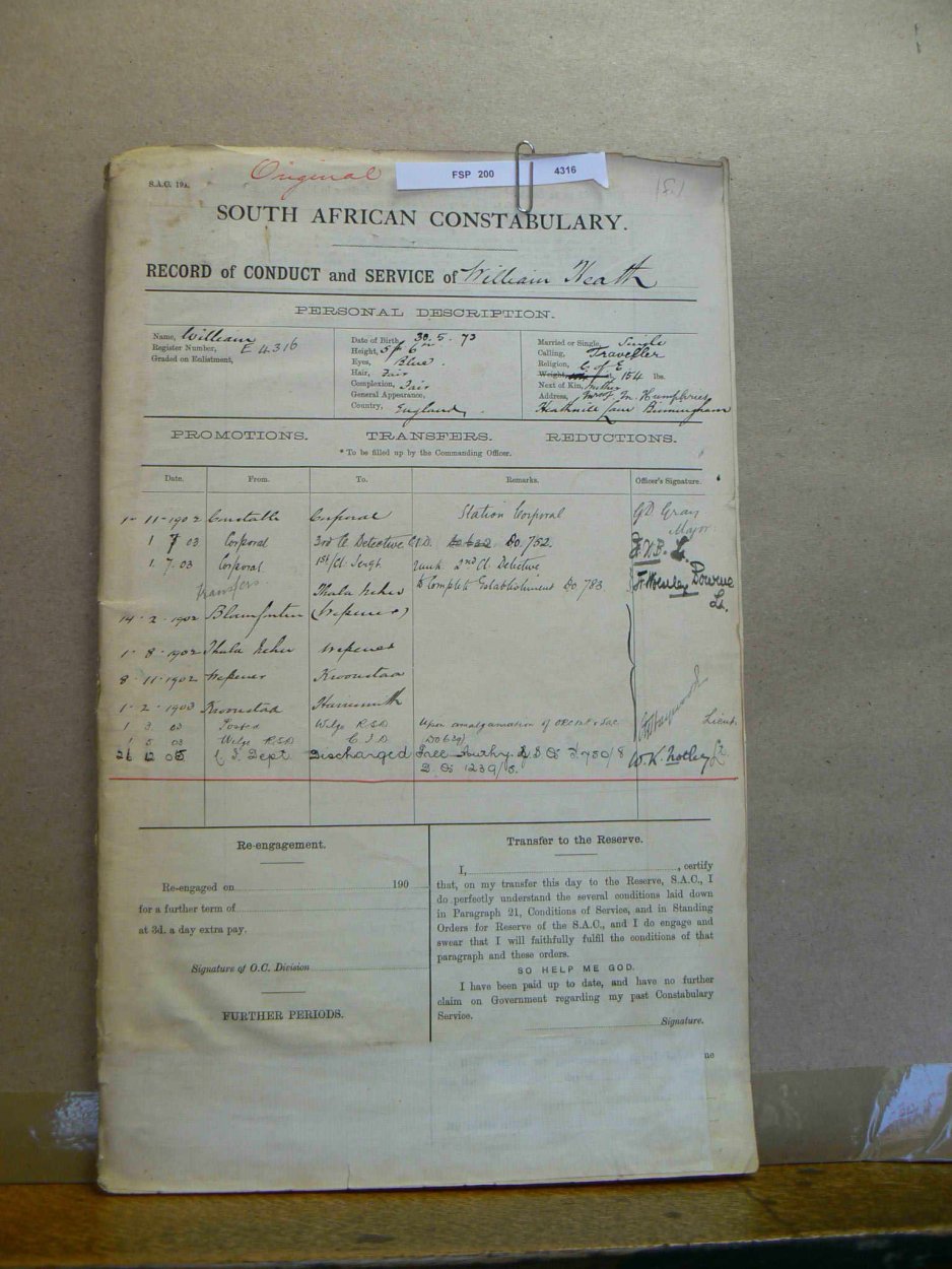 HEATH William - Record of Conduct of Service - South African Constabulary