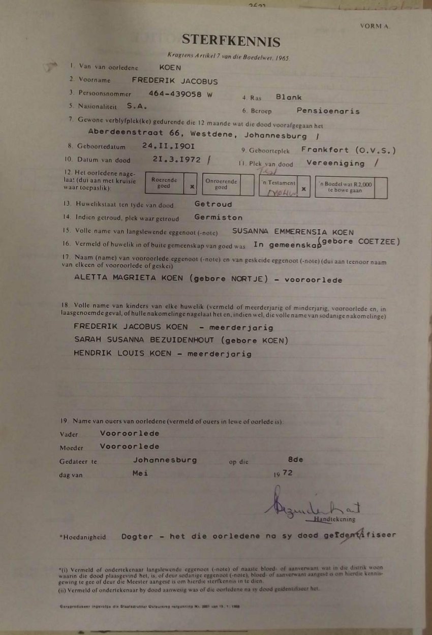 KOEN Frederik Jacobus - oorlede 21 Mrt 1972