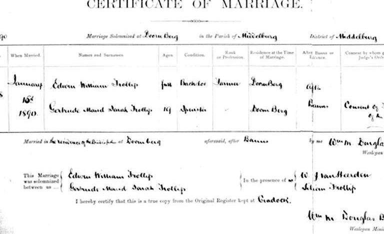 TROLLIP  Edwin William  & Gertrude Maud Sarah TROLLIP - marriage January 15 1890  
